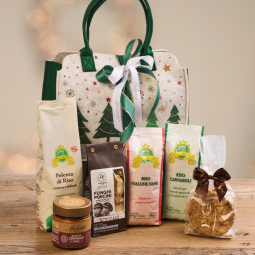 Gift box with 2 packs of Riso Melotti rice, rice polenta, dried mushrooms, wild boar ragù and rice cake.