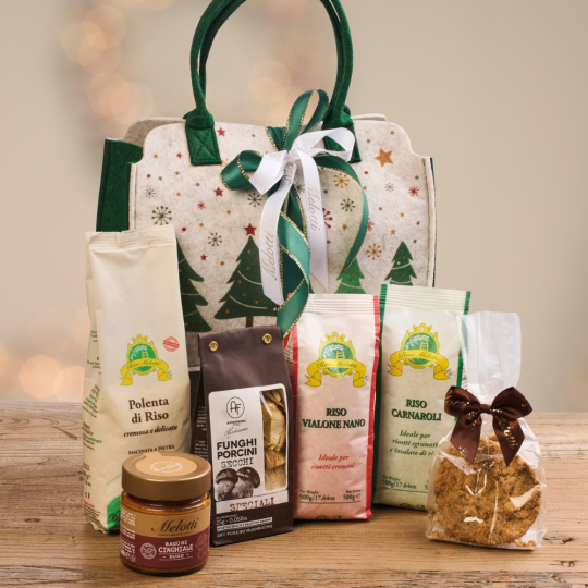 Gift box with 2 packs of Riso Melotti rice, rice polenta, dried mushrooms, wild boar ragù and rice cake.