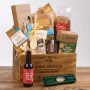 A wooden gift box containing 1 pack of Riso Melotti rice, sweet and savoury rice snacks, rice chocolates and rice beer.
