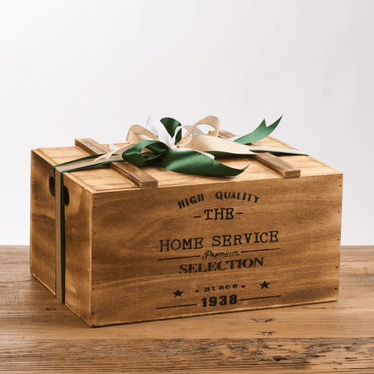 A wooden gift box containing 1 pack of Riso Melotti rice, sweet and savoury rice snacks, rice chocolates and rice beer.