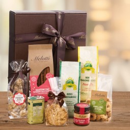 Confezione Regalo Natalizia con Riso e Specialità di Riso Melotti in una elegante scatola regalo.