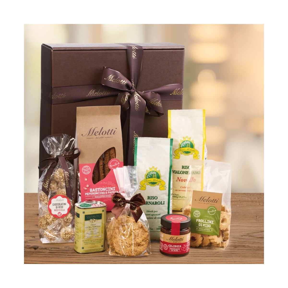 Christmas Gift Box with Riso Melotti Rice and Rice Specialties, presented in an elegant gift box.