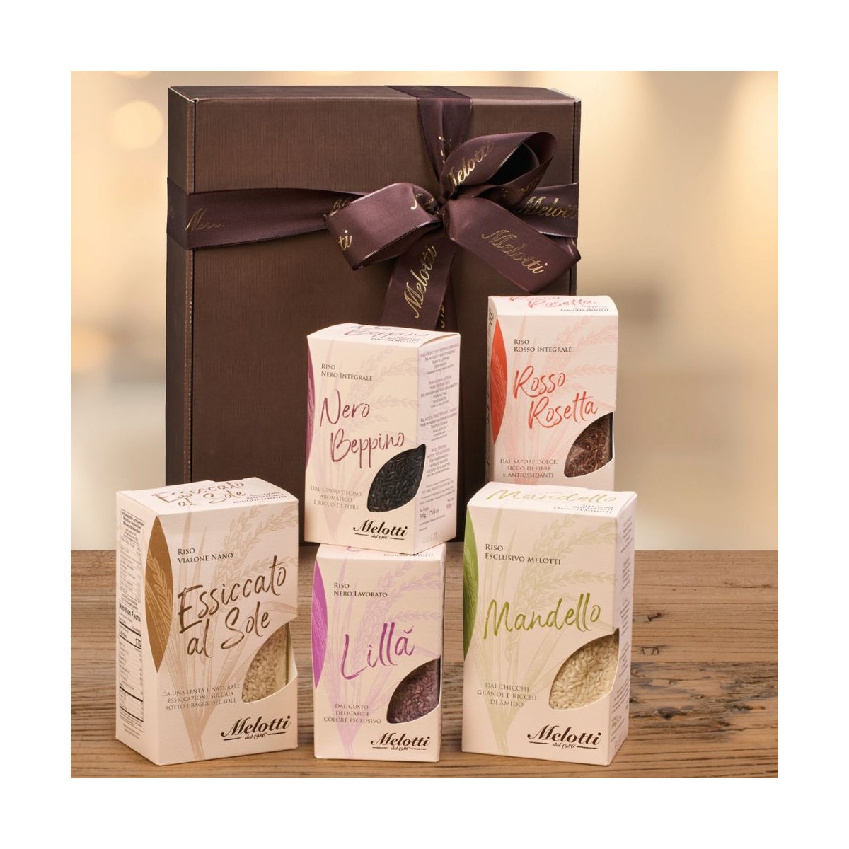 An exclusive selection of 5 Melotti Family Premium Rices, presented in an elegant gift box.