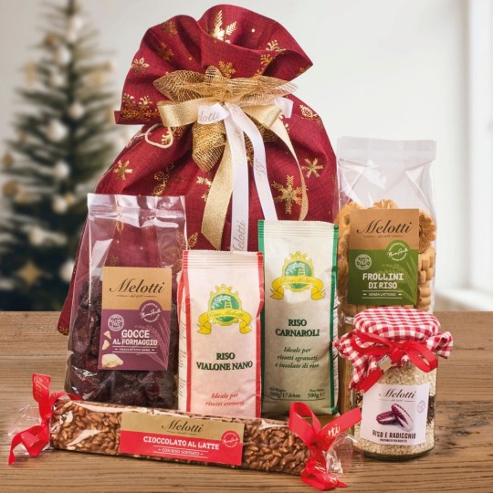 Riso Melotti Gift Bag containing 2 packs of rice and a selection of sweet and savoury Riso Melotti rice specialties.