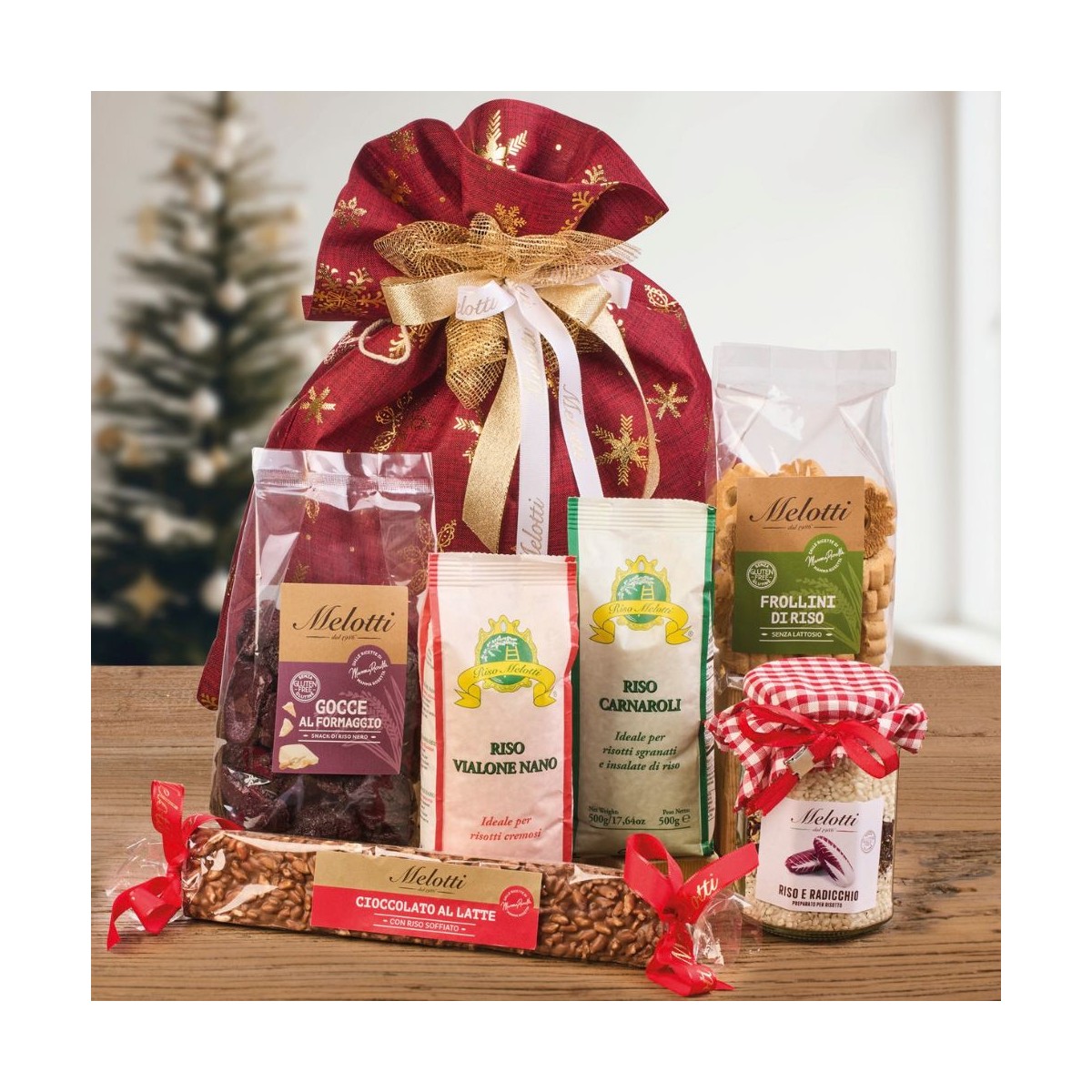 Riso Melotti Gift Bag containing 2 packs of rice and a selection of sweet and savoury Riso Melotti rice specialties.