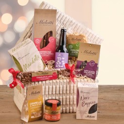 Fabric gift box containing Riso Melotti rice, sweet and savoury rice snacks, and rice beer.