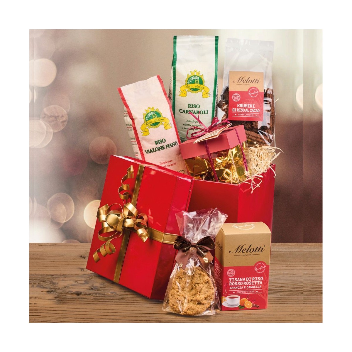 Christmas gift tin with Vialone Nano rice, Carnaroli rice and delicious sweet rice specialties.