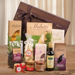 Scatola Melotti contenente una selezione di prodotti Riso Melotti, Risi, Snack dolci e salati, cioccolato ed olio d'oliva.