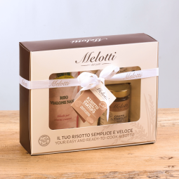 Gift box containing everything you need to prepare a deliciously creamy truffle risotto, following the Riso Melotti recipe.
