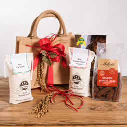 borsina juta Melotti con 2 confezioni di riso, Vialone Nano e Carnaroli e krumiri al cacao farina di riso - gluten free