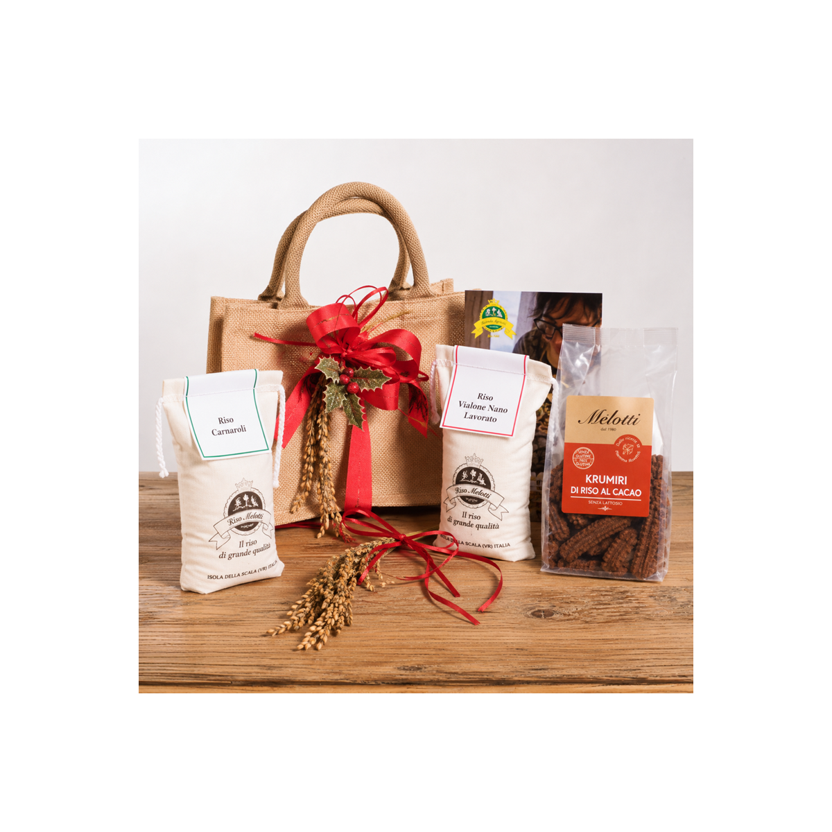 borsina juta Melotti con 2 confezioni di riso, Vialone Nano e Carnaroli e krumiri al cacao farina di riso - gluten free