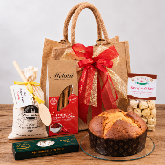 Borsa juta Melotti con offella di riso, riso Vialone Nano, mandorlato e snack gustosi - idea regalo natale
