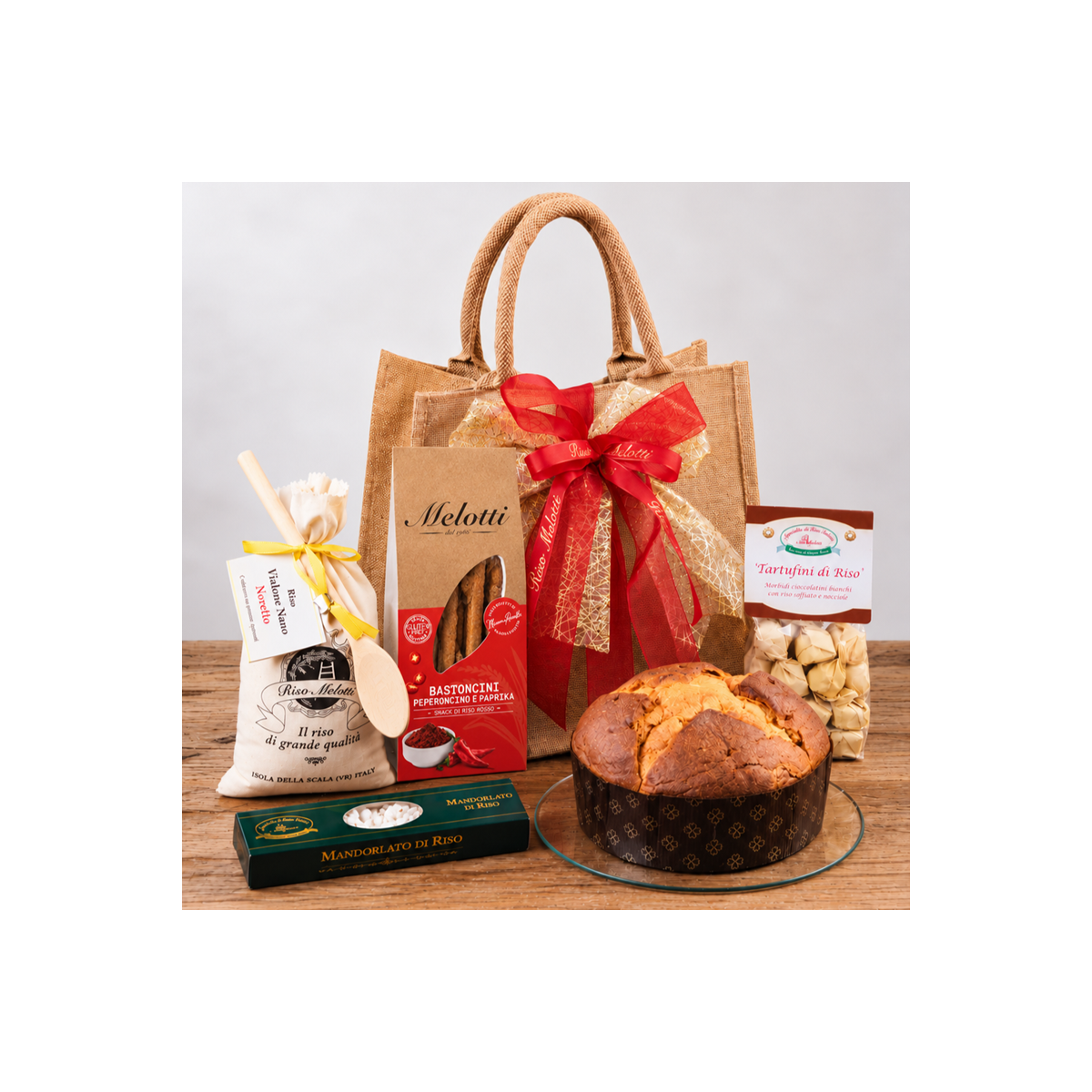 Borsa juta Melotti con offella di riso, riso Vialone Nano, mandorlato e snack gustosi - idea regalo natale
