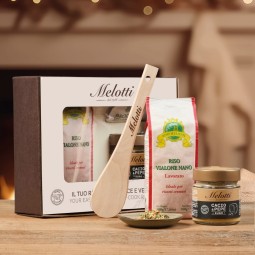 Una box regalo contenente tutto il necessario per realizzare un cremoso risotto cacio e pepe con Riso Melotti