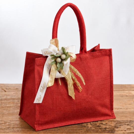 Borsa juta Melotti contenente Riso Mandello, Riso Novello e snack dolci e salati di riso, praline di riso - idea regalo